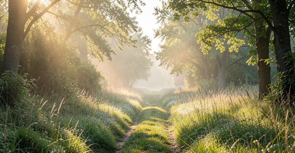 Ein schmaler Weg führt durch eine stille Landschaft im weichen Morgenlicht. Auf den Gräsern liegt Tau, die Farben sind zurückhaltend und warm. Das Bild wirkt ruhig und offen.