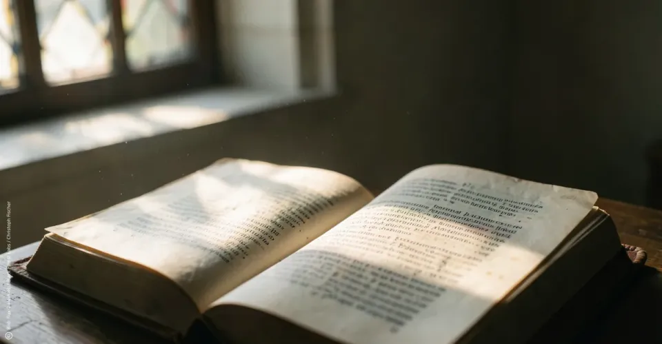 Eine aufgeschlagene Psalmseite oder ein schlichtes Gebetbuch liegt im weichen seitlichen Licht eines Fensters. Die Papierstruktur ist gut sichtbar, Staubpartikel leuchten in der Luft. Das Bild wirkt still, warm und nachdenklich.