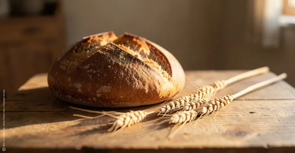 Ein Laib Brot und Ähren liegen in warmem Herbstlicht auf einem Holztisch. Das Bild wirkt ruhig, schlicht und dankbar.