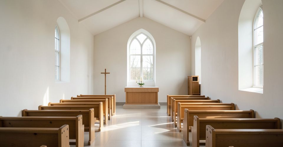 Ein heller, schlichter Kirchenraum mit Bänken und Blick nach vorn. Weiches Licht fällt in den Raum und erzeugt eine ruhige, konzentrierte Stimmung.
