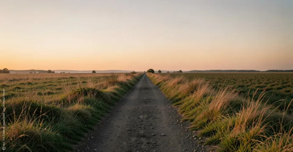 Ein schmaler Weg führt durch eine ruhige Landschaft im warmen Abendlicht. Die Szene wirkt offen und still. Sie erinnert an Aufbruch, Vertrauen und einen behutsamen Schritt ins Wochenende.