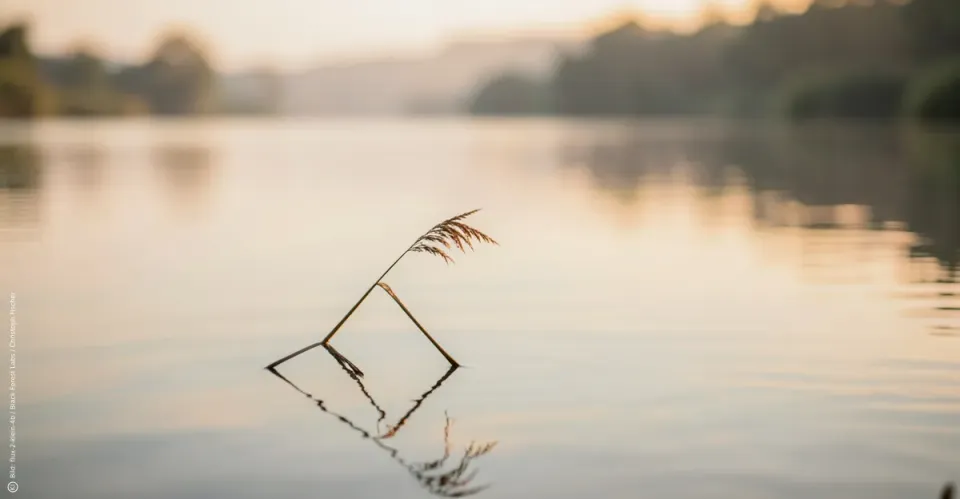 Ein einzelner leicht gebogener Schilfhalm an einem stillen Ufer im weichen Morgenlicht. Im Hintergrund glitzert unscharf das Wasser. Die Szene wirkt ruhig, zart und hoffnungsvoll.